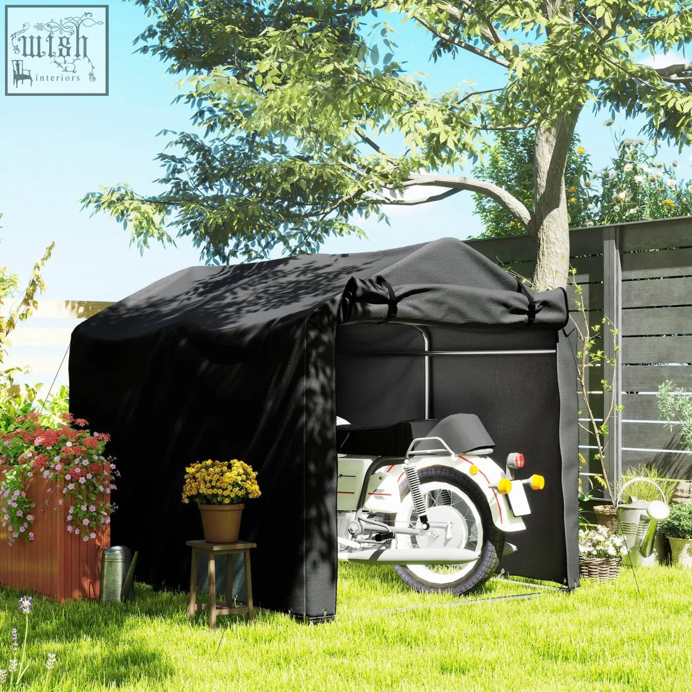 Black fabric bike cover with galvanised metal frame and zipped door for garden storage tent protecting a white motorcycle