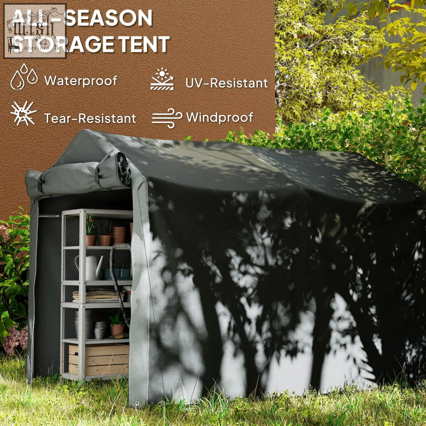 Outsunny garden storage tent in black with galvanised metal frame mesh side panels and zipped door for outdoor use