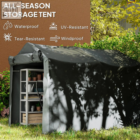 Outsunny garden storage tent in black with galvanised metal frame mesh side panels and zipped door for outdoor use