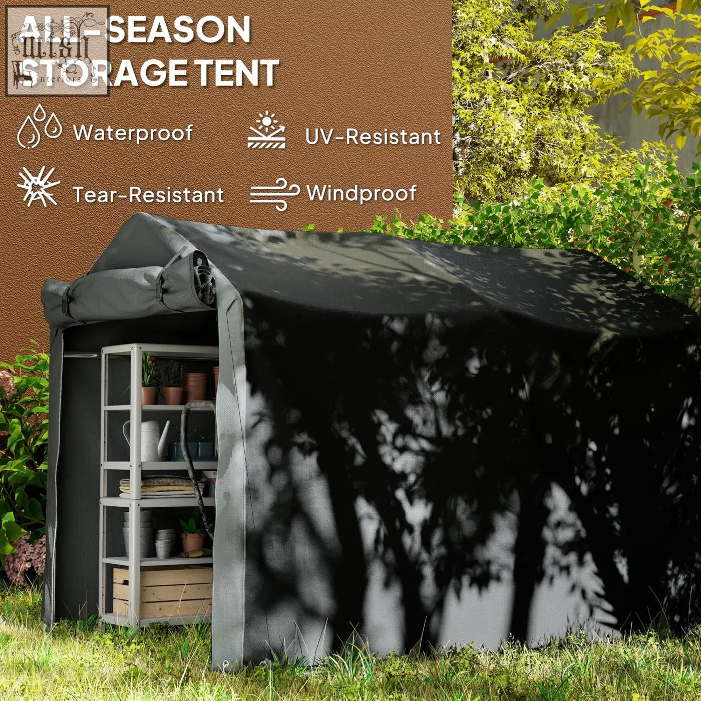 Black garden storage tent with galvanised metal frame and zipped door for bikes and garden tools protection