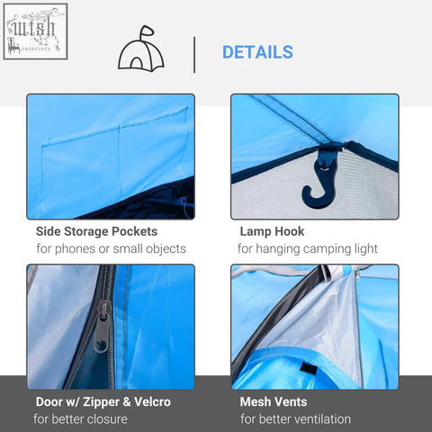 Blue lightweight outsunny 2-3 man tunnel tent with air vents living area side storage pockets and lamp hook for camping