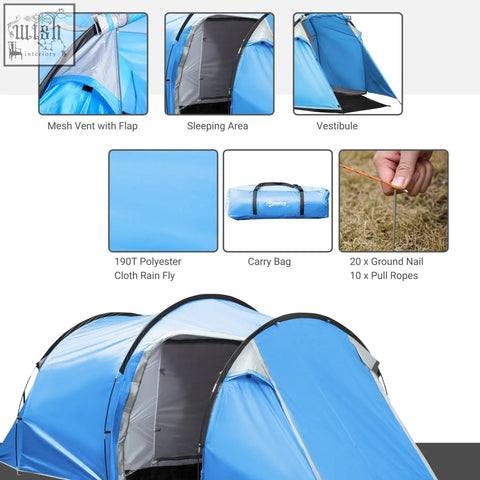 Blue outsunny 2-3 man tunnel tent with mesh air vents, vestibule living area, and carry bag for camping and hiking