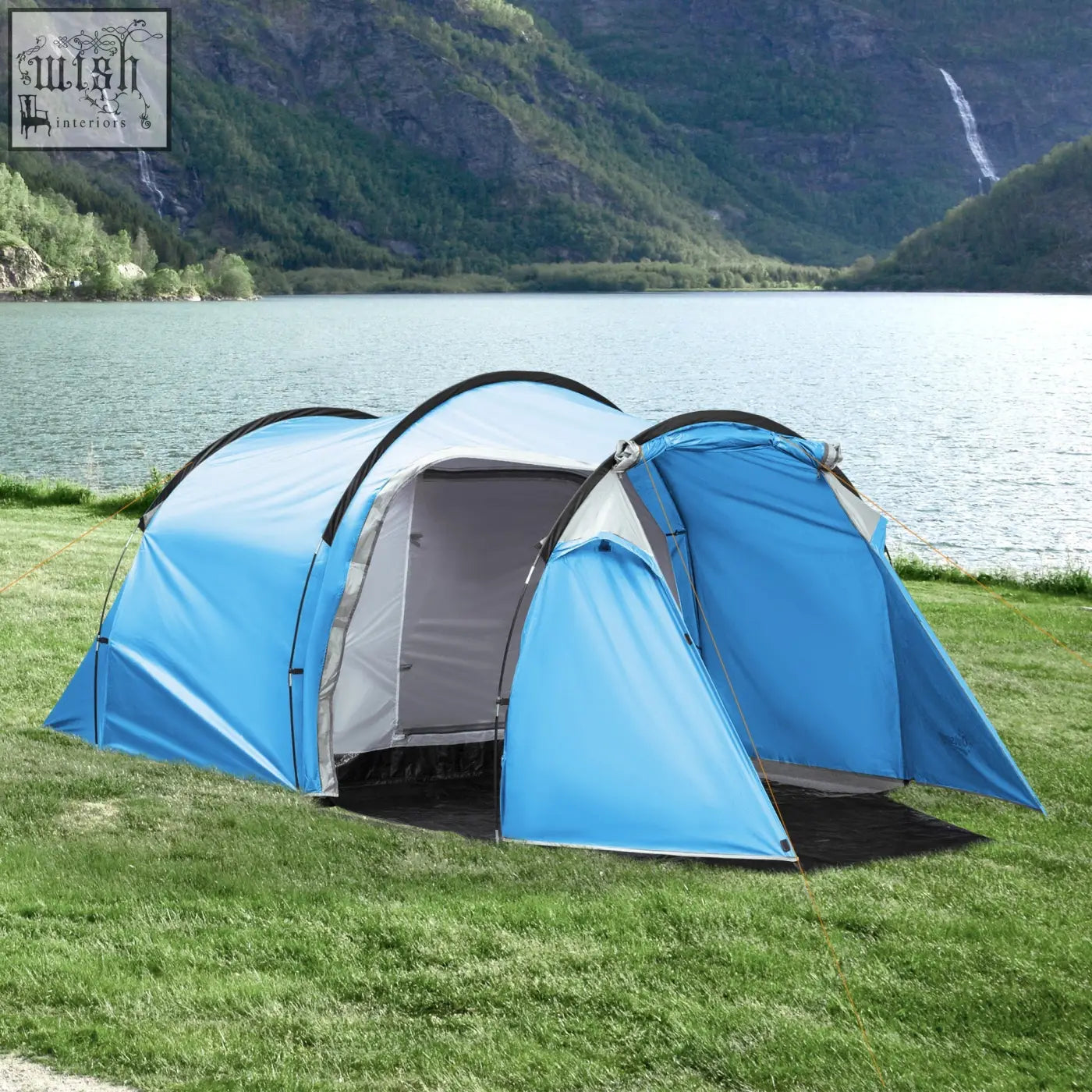 Blue and gray outsunny 2-3 man tunnel tent with air vents, vestibule, and carrying bag for hiking and fishing trips