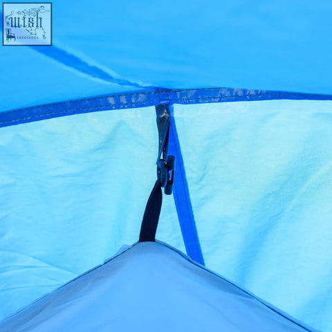 Blue tent pole with black strap and metal clip attached to fabric of outsunny 2-3 man tunnel tent with air vents and living area