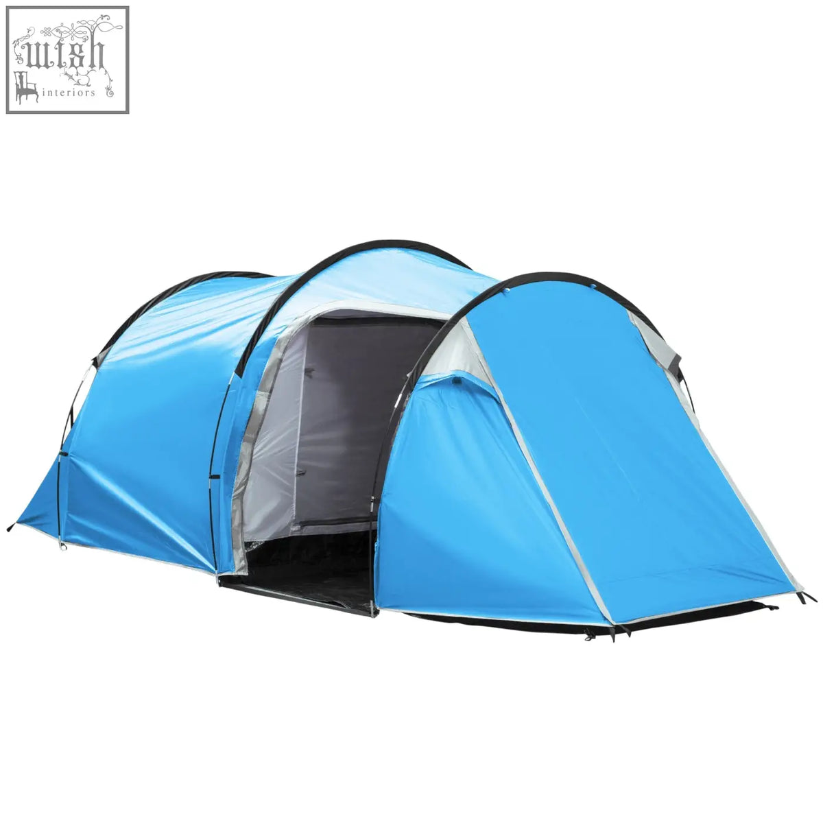 Blue two-person dome tent with black trim and air vents, gray inner lining, living area, and carry bag for camping