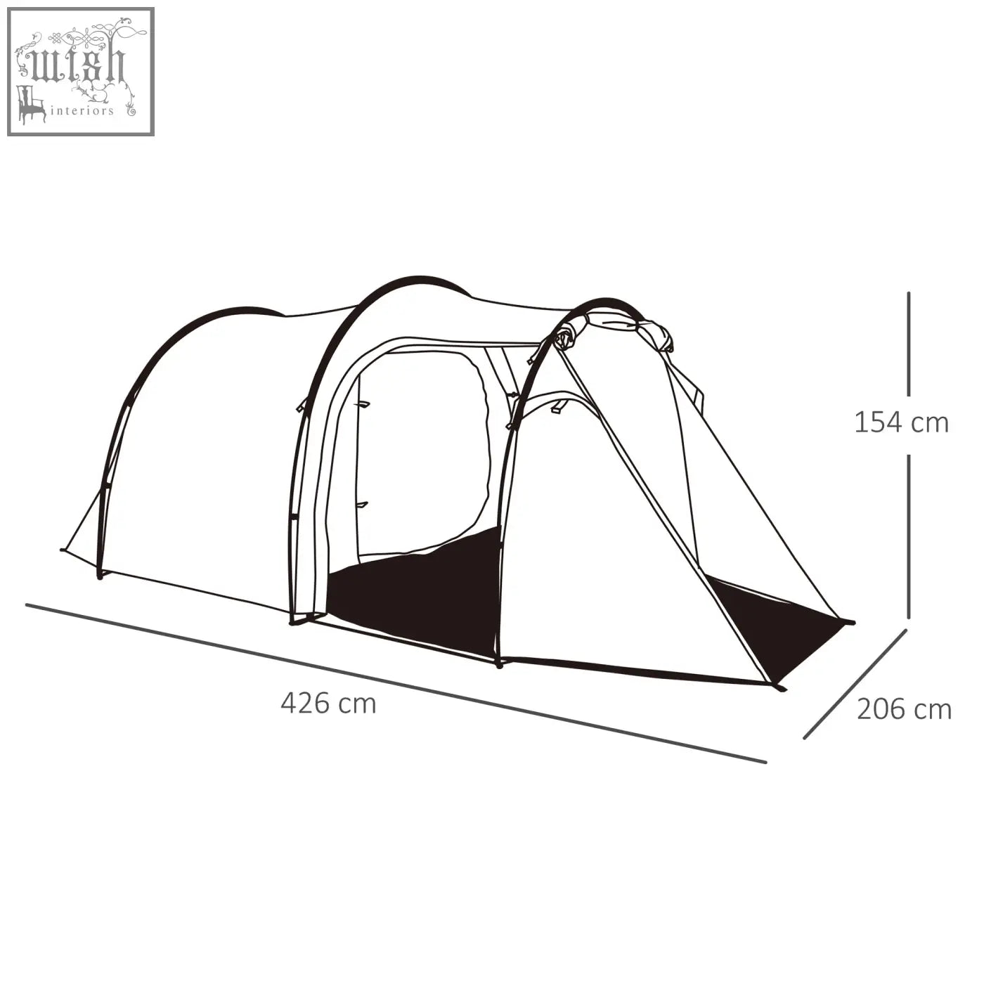 Black and white line drawing of outsunny 2-3 man tunnel tent with air vents living area and carry bag dimensions labeled