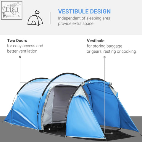 Blue two-door outsunny 2-3 man tunnel tent with vestibule, air vents, living area, and carry bag for camping