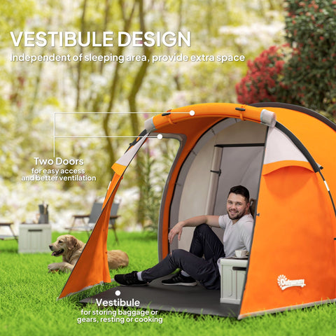 Orange and white outsunny 2-3 man tunnel tent with porch features air vents and carry bag for easy camping access