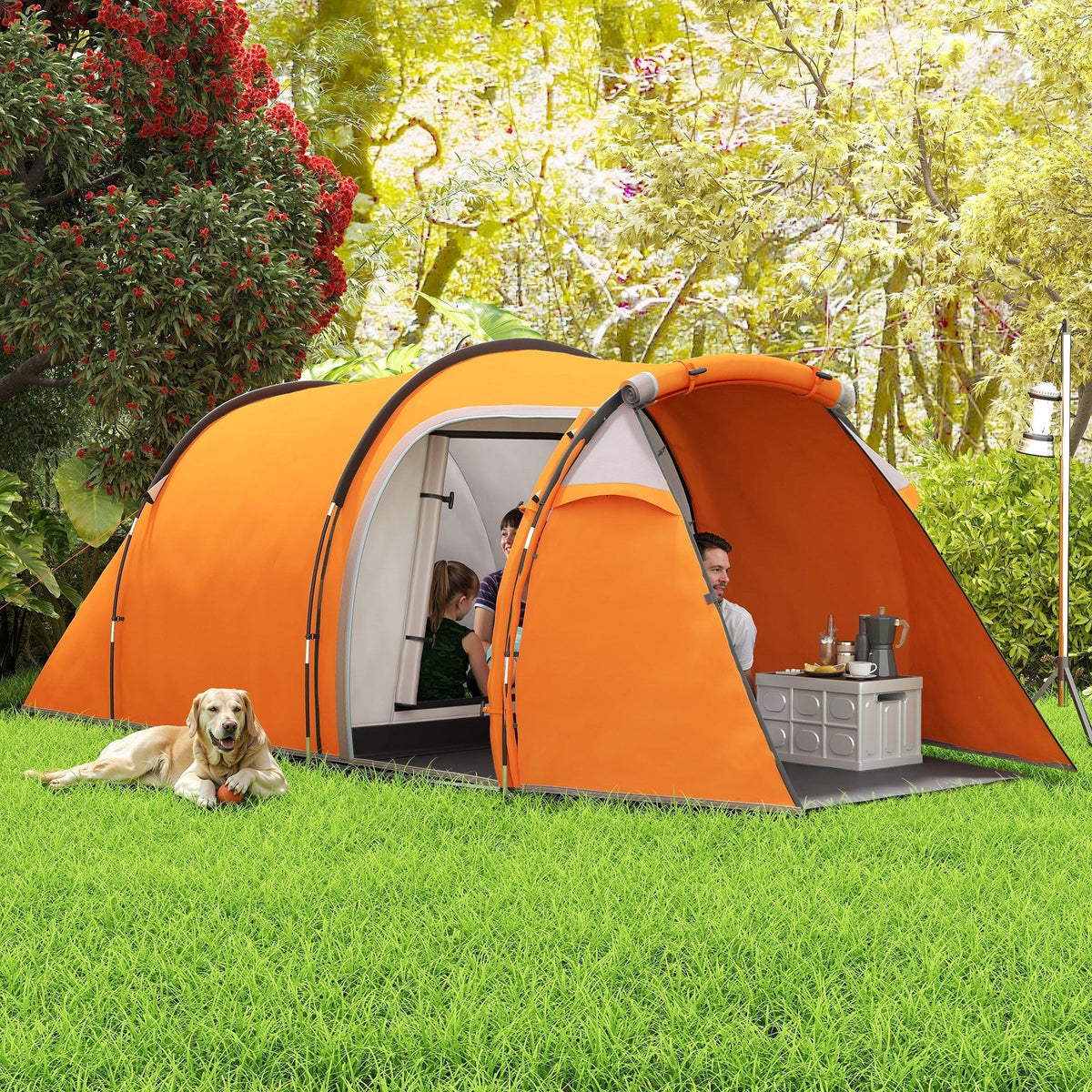 Orange outsunny 2-3 man tunnel tent with porch features and air vents shown with black trim and white interior walls