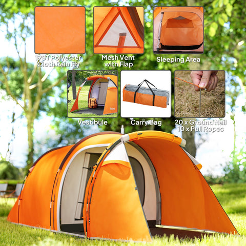Orange and white outsunny 2-3 man tunnel tent with porch features air vents and rain fly made of 190t polyester cloth