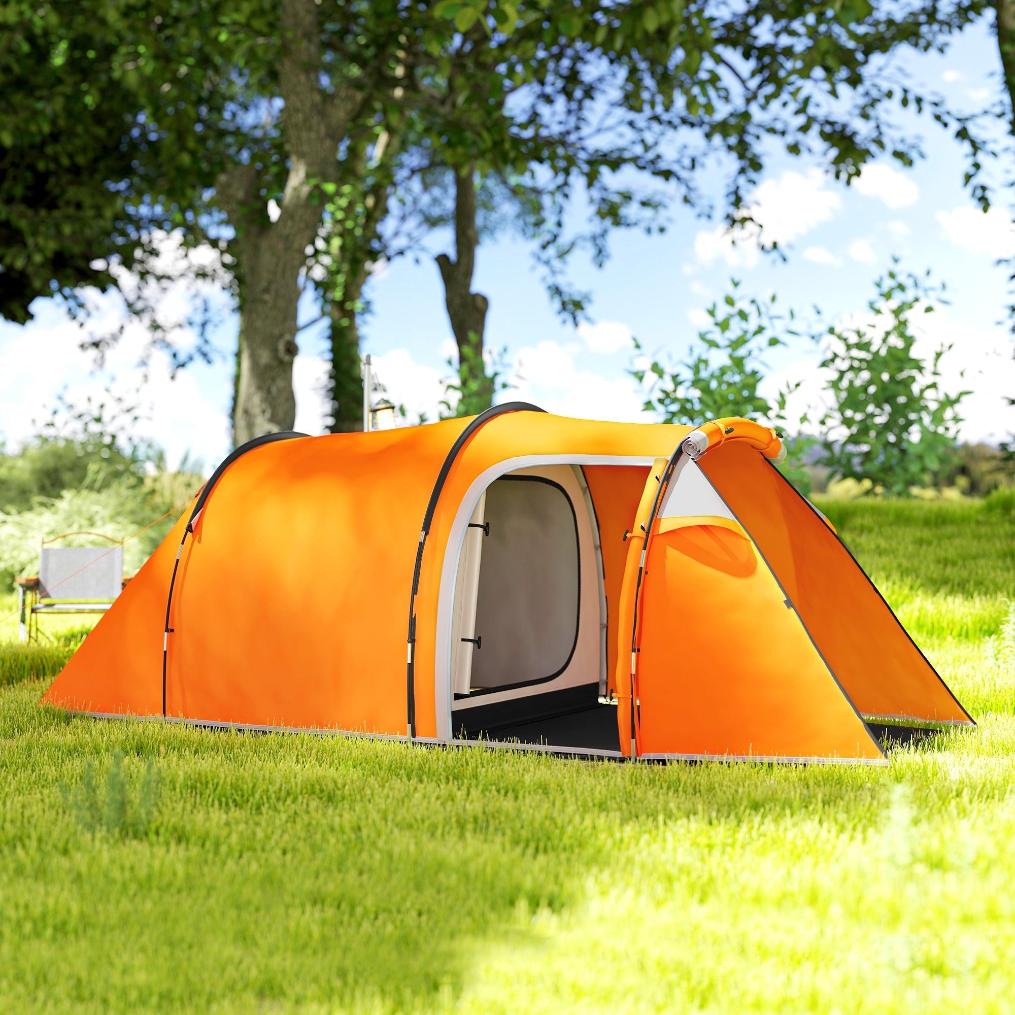 Bright orange outsunny 2-3 man tunnel tent with porch features, air vents, and lightweight fabric for camping use