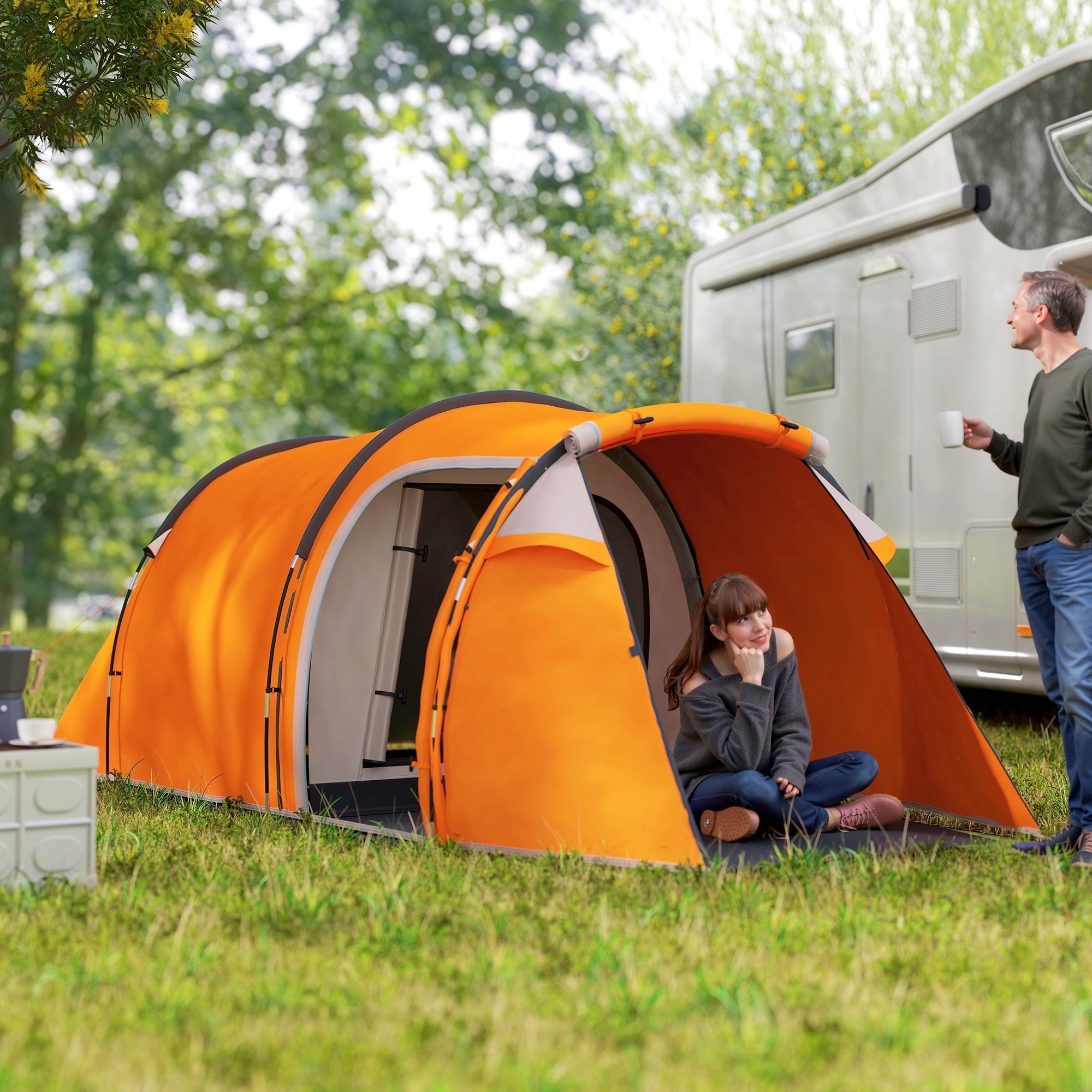 Bright orange outsunny 2-3 man tunnel tent with porch features air vents and carry bag for easy camping setup