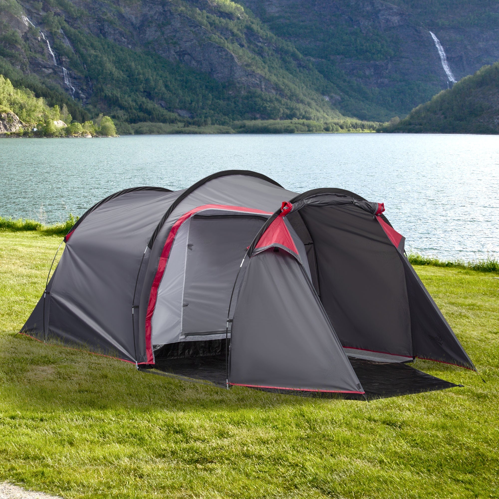 Gray and red outsunny 2-3 person tunnel tent with waterproof fabric, porch features, air vents, set near a lake on grass