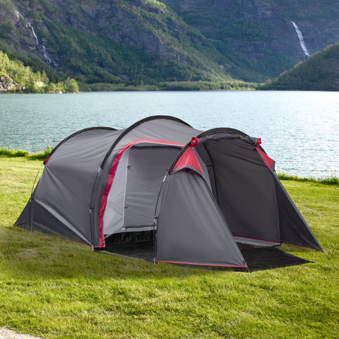 Gray and red outsunny 2-3 person tunnel tent with waterproof fabric, porch features, air vents, set near a lake on grass