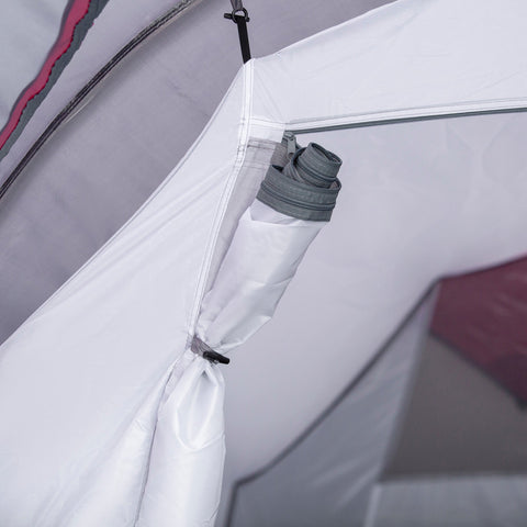 White tent pole with gray zipper and black clip on outsunny grey camping tent featuring porch and air vents