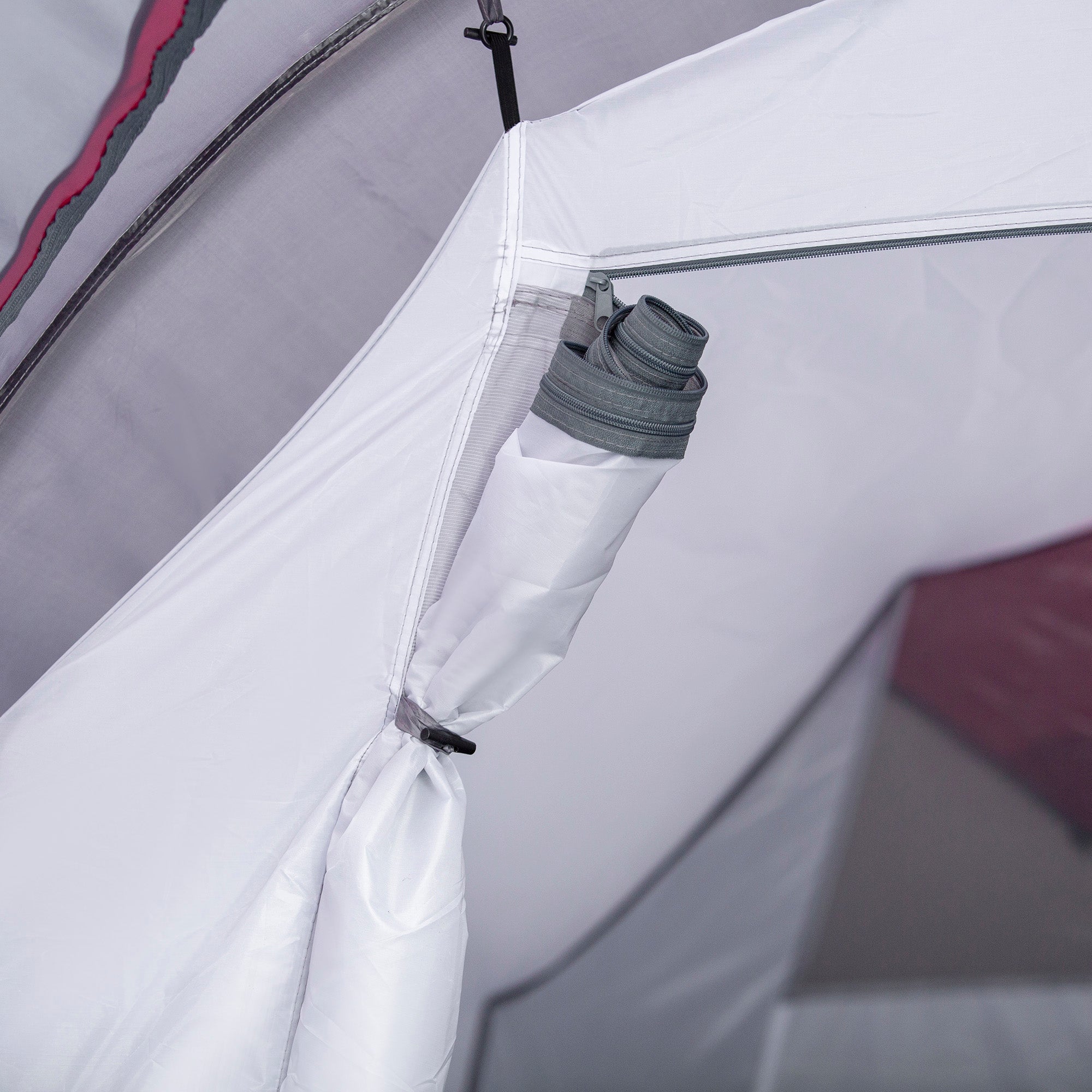 White tent pole with gray zipper and black clip for grey outsunny tunnel tent with porch features and air vents
