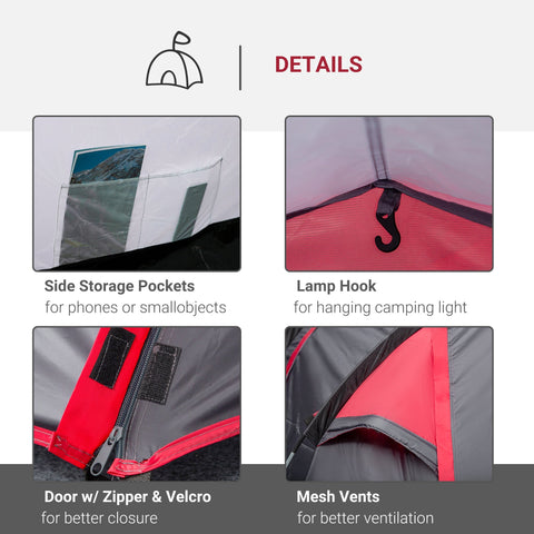 Outsunny red and gray 2-3 person tunnel tent with air vents porch features and mesh vents for camping and hiking trips