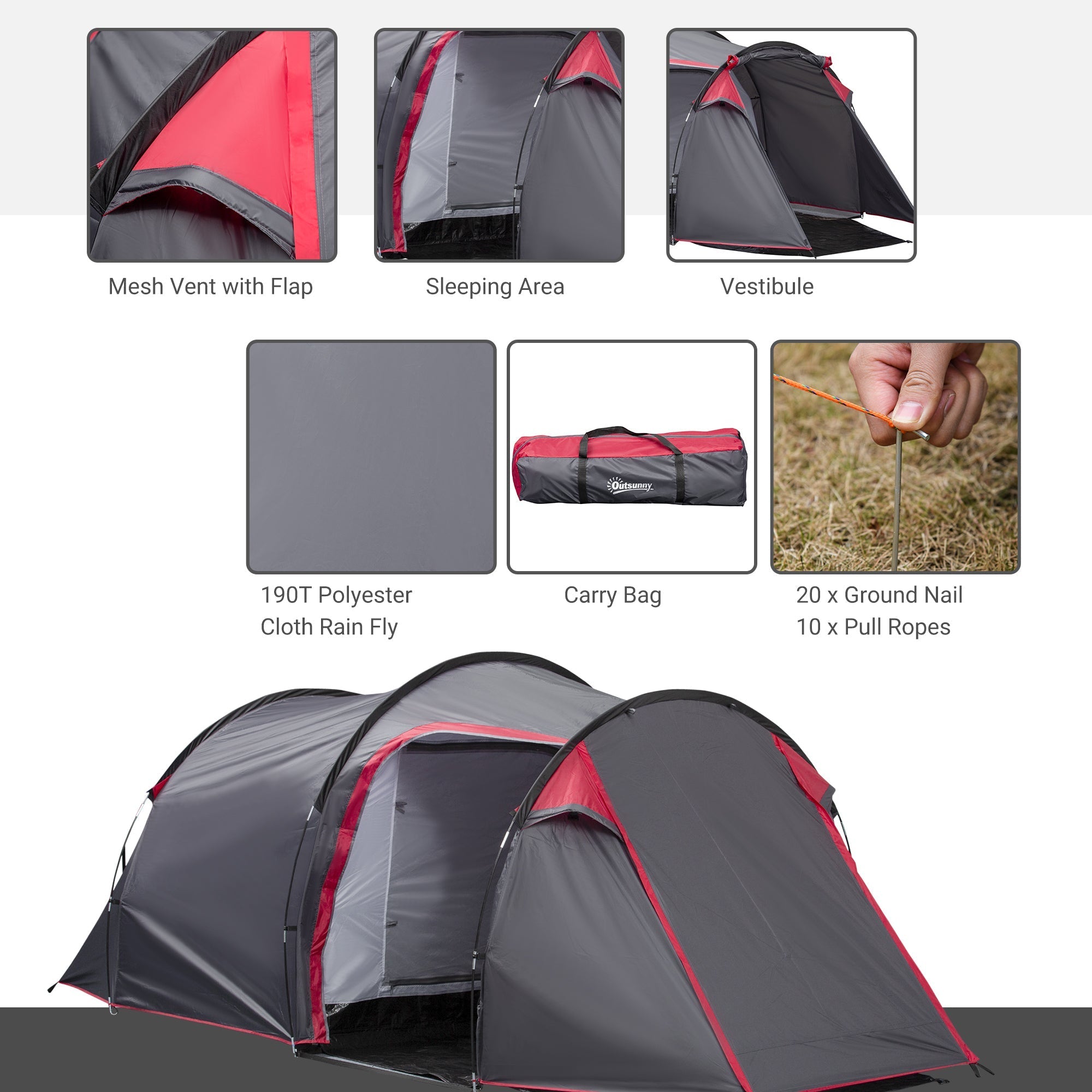 Outsunny gray and red 2-person tunnel tent with porch features, air vents, mesh vent, and carry bag for camping