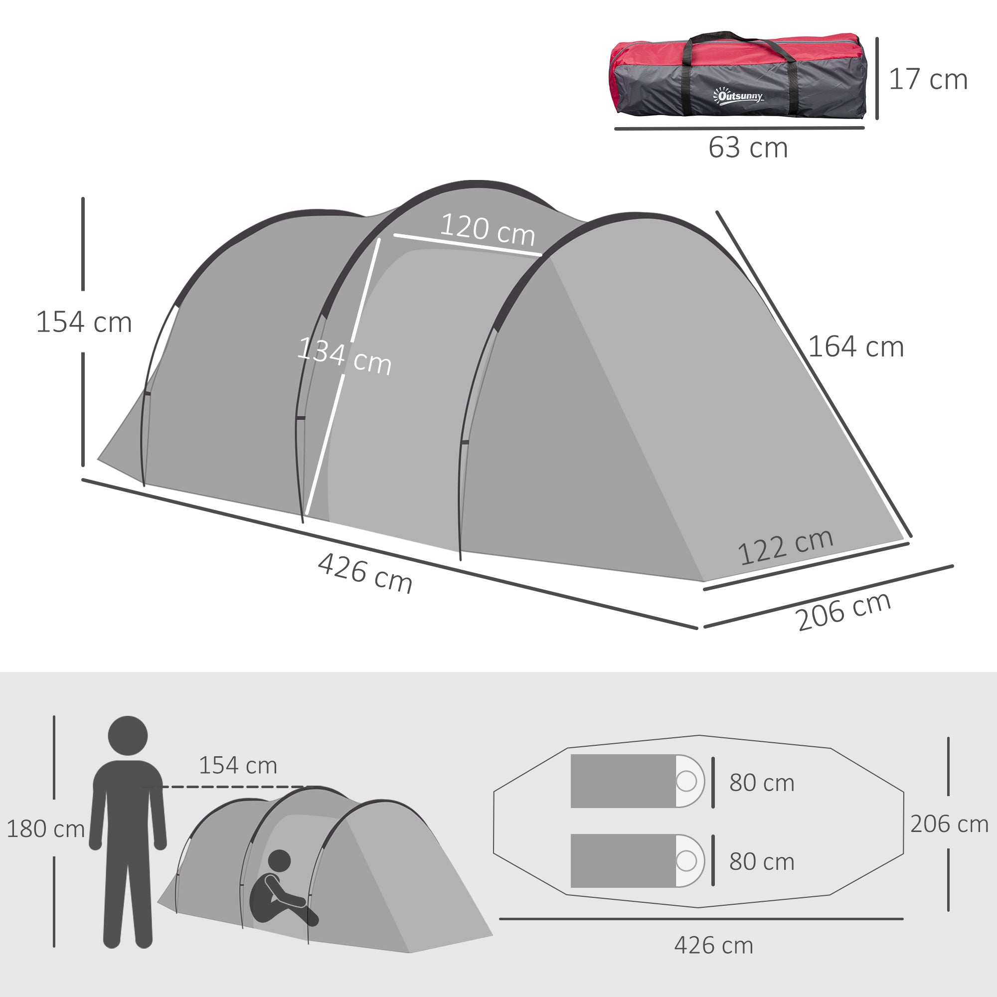 Gray outsunny 2-3 person tunnel tent with porch features, air vents, and red black carry bag for camping and hiking