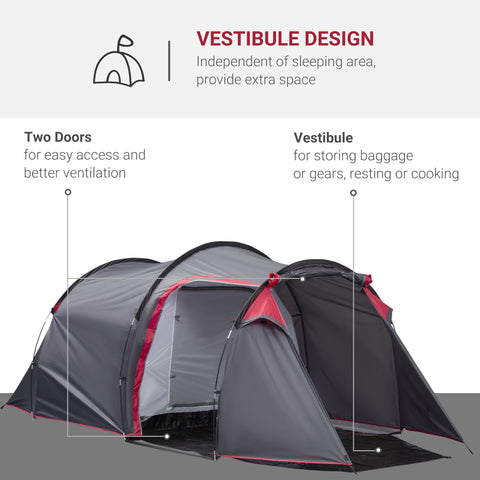 Gray and red Outsunny 2-3 person tunnel tent with porch features, air vents, sewn-in groundsheet, and carry bag for camping