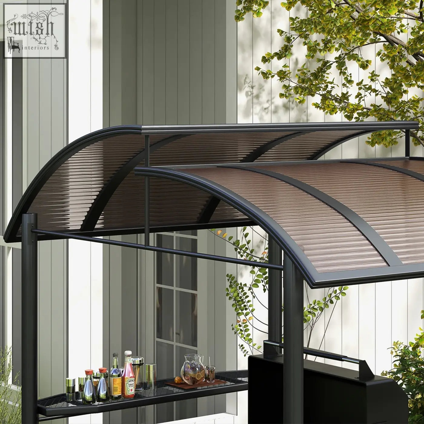 Outsunny dark grey grill gazebo with black metal frame rain resistant pc board slatted roof and hanging poles