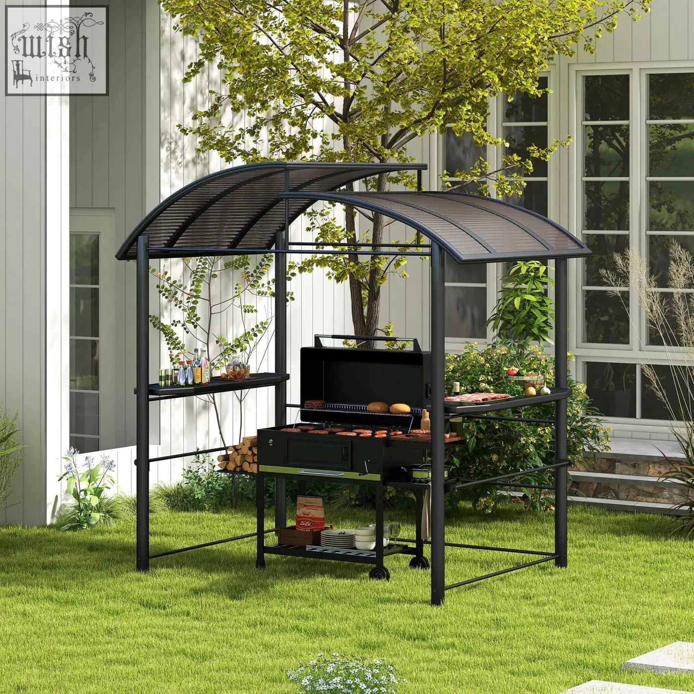 Black metal grill gazebo with arched roof rain resistant pc board and side shelves including hanging poles in dark grey