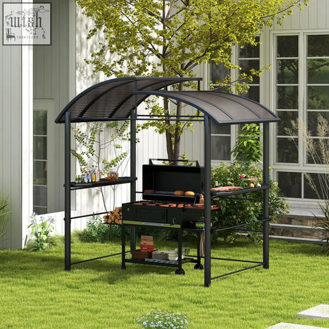 Black metal grill gazebo with arched roof rain resistant pc board and side shelves including hanging poles in dark grey