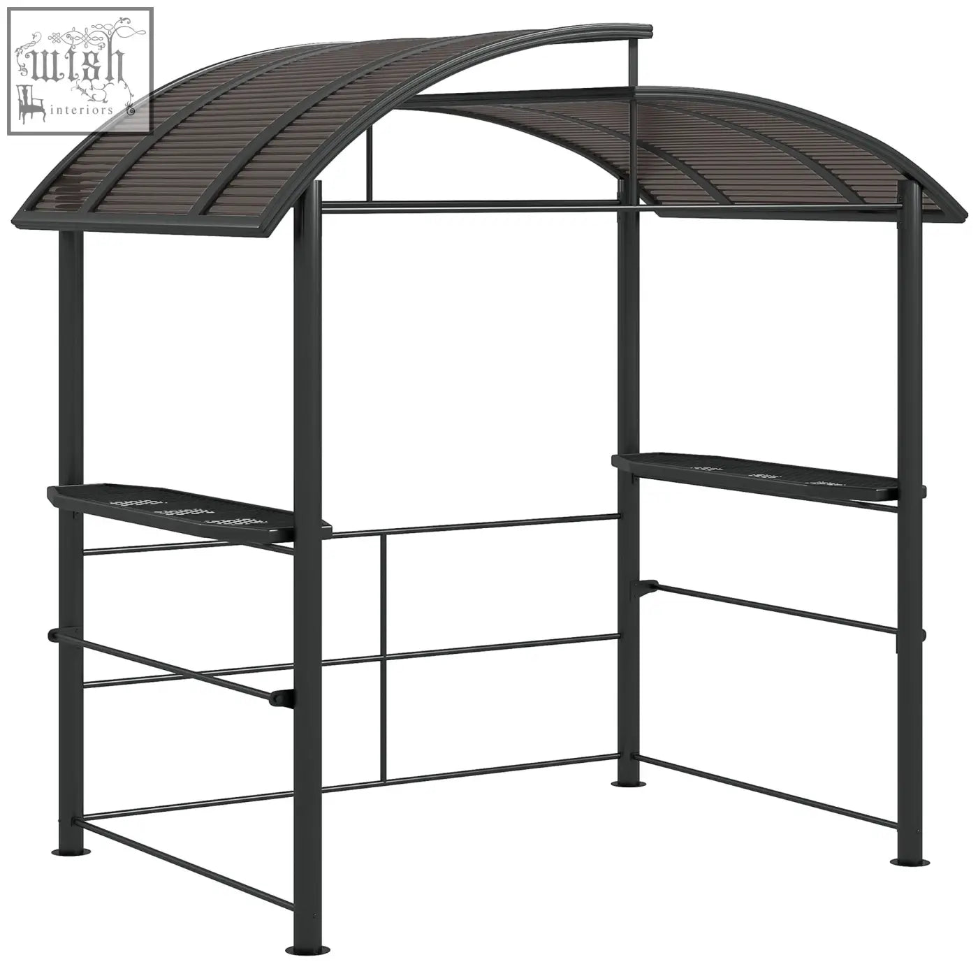 Black metal Outsunny grill gazebo with curved slatted roof, rain resistant pc board, hanging poles, and side shelves dark grey