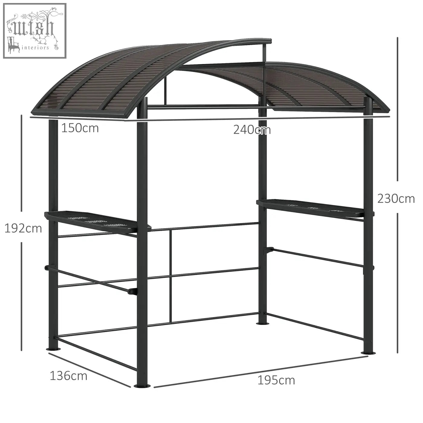 Black metal rain resistant grill gazebo with arched roof, two side shelves, and hanging poles in dark grey
