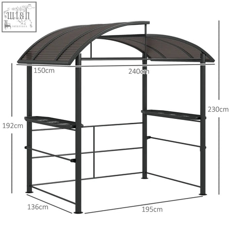 Black metal rain resistant grill gazebo with arched roof, two side shelves, and hanging poles in dark grey