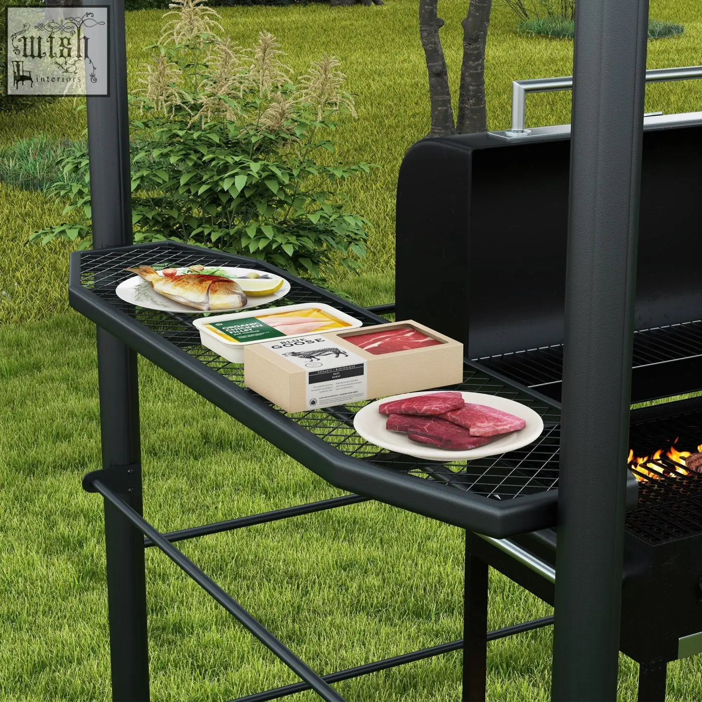 Black metal grill rack with grid surface and sturdy supports for outsunny rain resistant grill gazebo with hanging poles dark grey