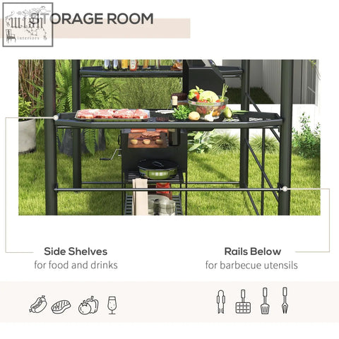 Black metal outdoor barbecue cart with shelves and storage under outsunny grill gazebo with rain resistant roof and hanging poles