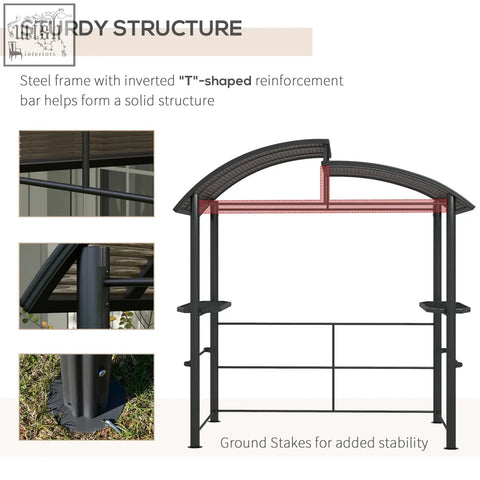 Black steel grill gazebo with arched roof, reinforced frame, rain resistant pc board roof, and hanging poles in dark grey