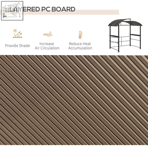 Brown layered pc board roof with diagonal ridges on outsunny dark grey grill gazebo designed for rain resistant use