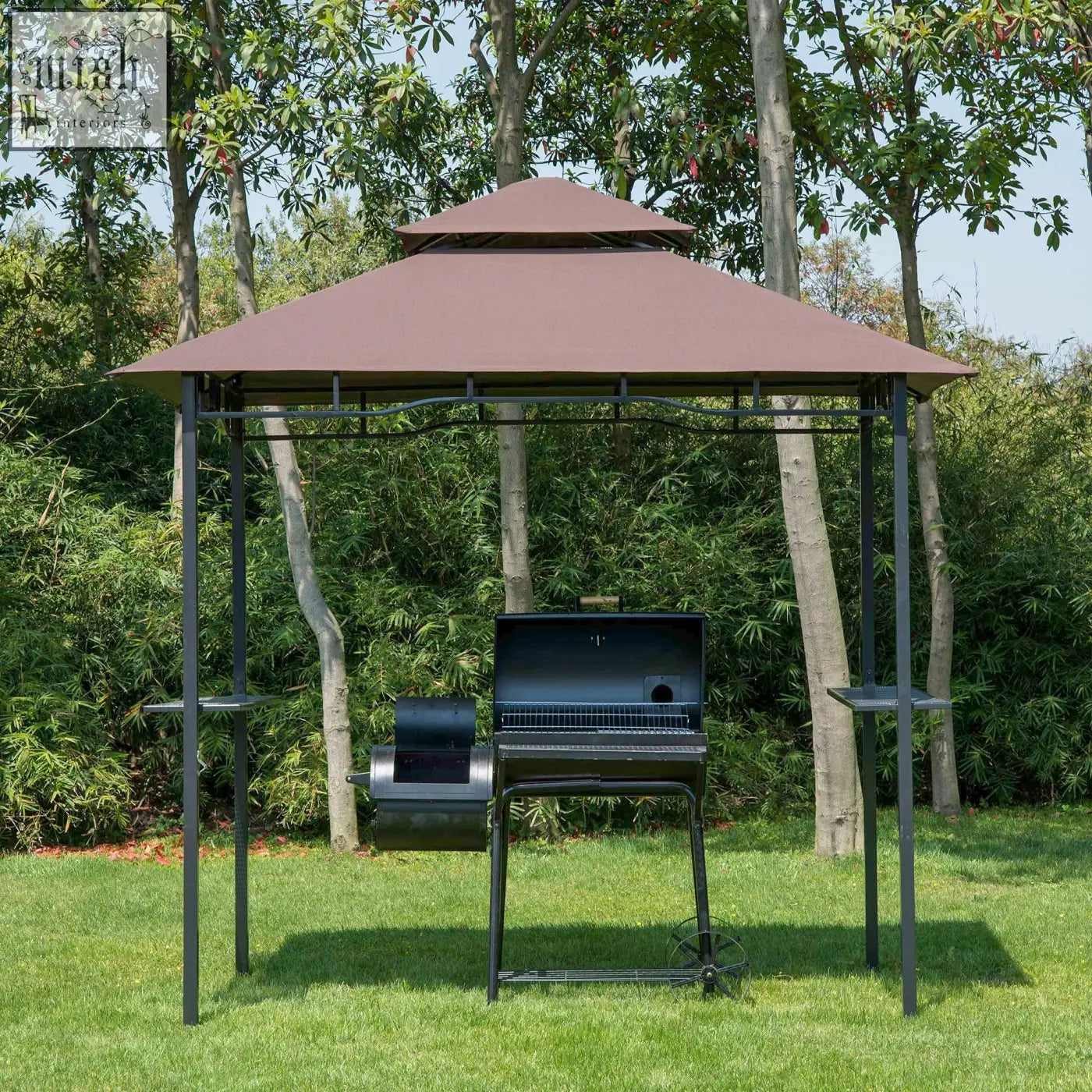 Brown outsunny 2.5m double-tier bbq gazebo with black metal frame and side shelves for patio deck cover