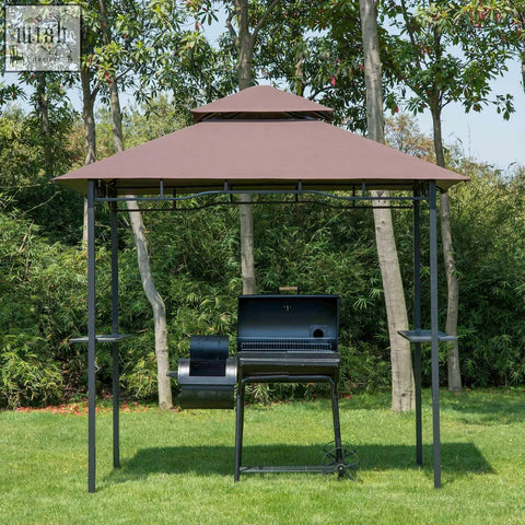 Brown outsunny 2.5m double-tier bbq gazebo with black metal frame and side shelves for patio deck cover