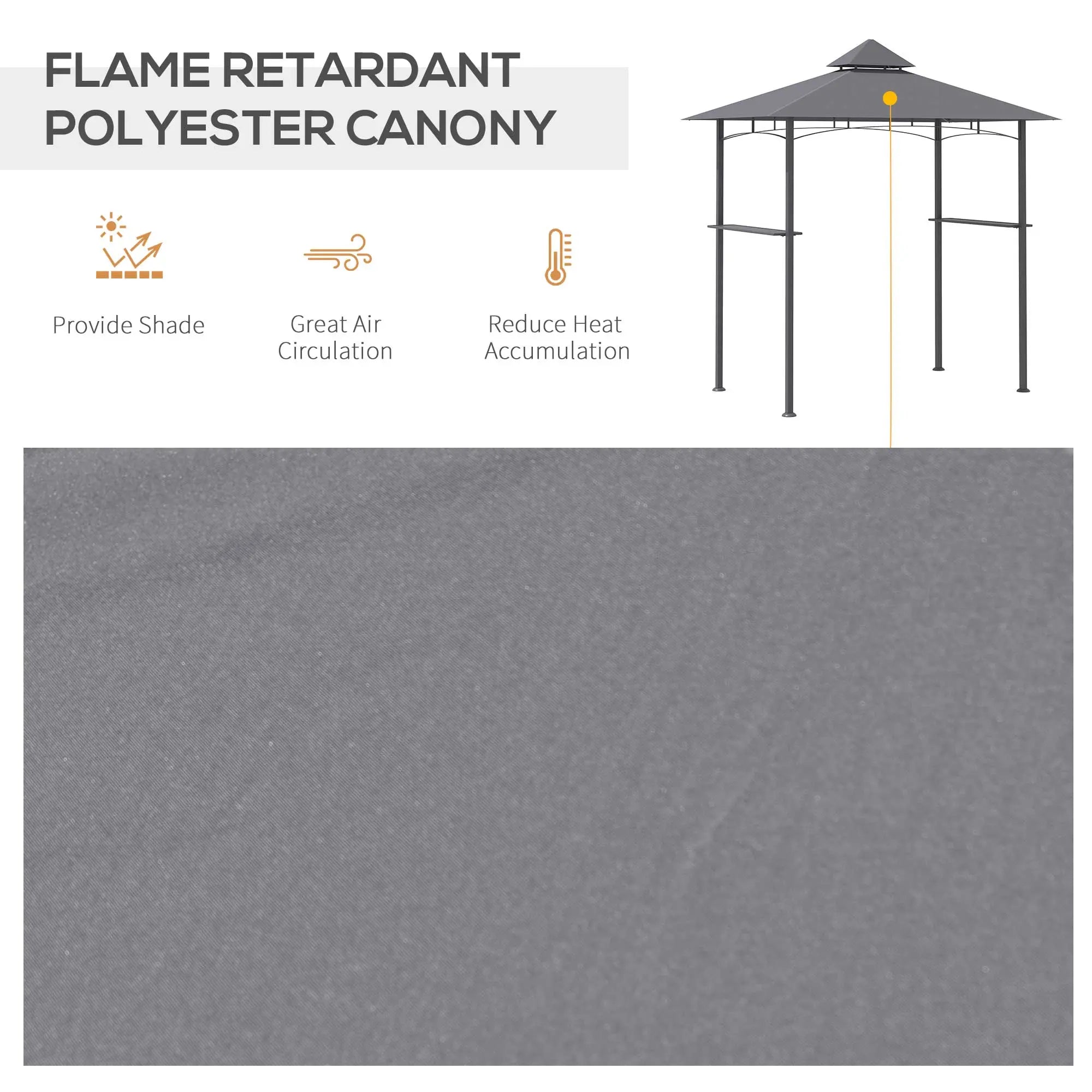 Gray flame-retardant polyester bbq gazebo with double-tiered roof design and built-in bottle opener for outdoor grilling fun