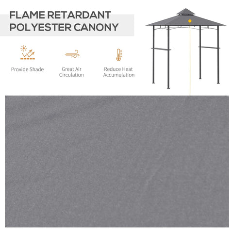 Gray flame-retardant polyester bbq gazebo with double-tiered roof design and built-in bottle opener for outdoor grilling fun