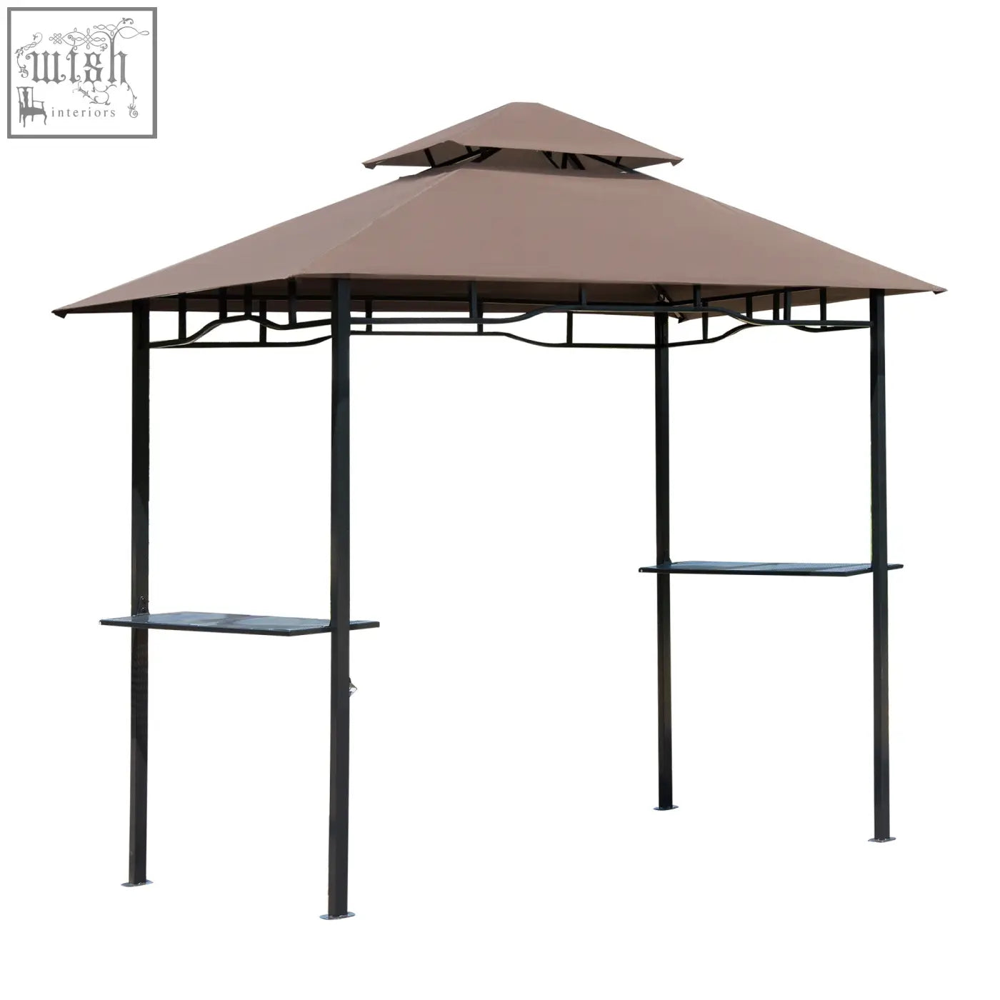 Brown two-tiered outsunny bbq gazebo with black metal frame and side shelves perfect for patio deck cover