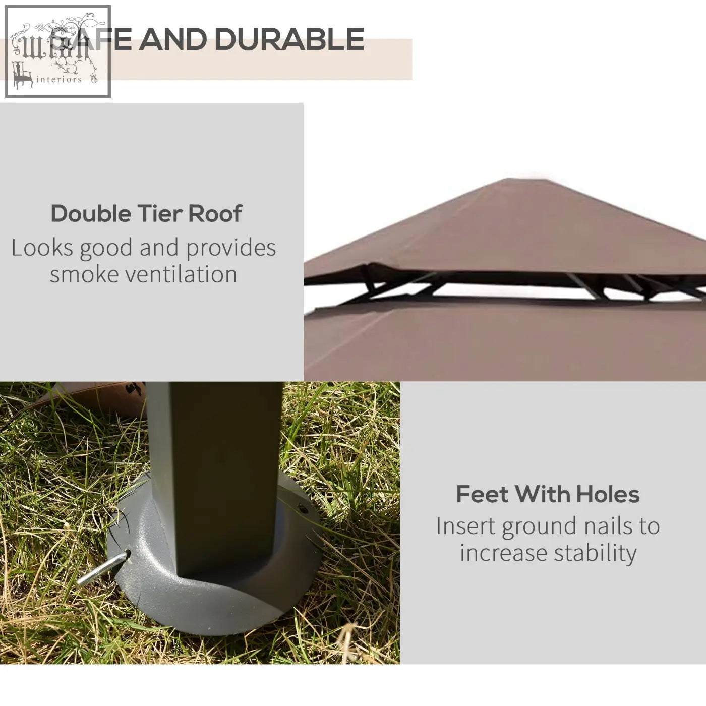 Beige double-tier bbq gazebo roof with dark gray metal frame and base feet with holes for ground nails coffee color