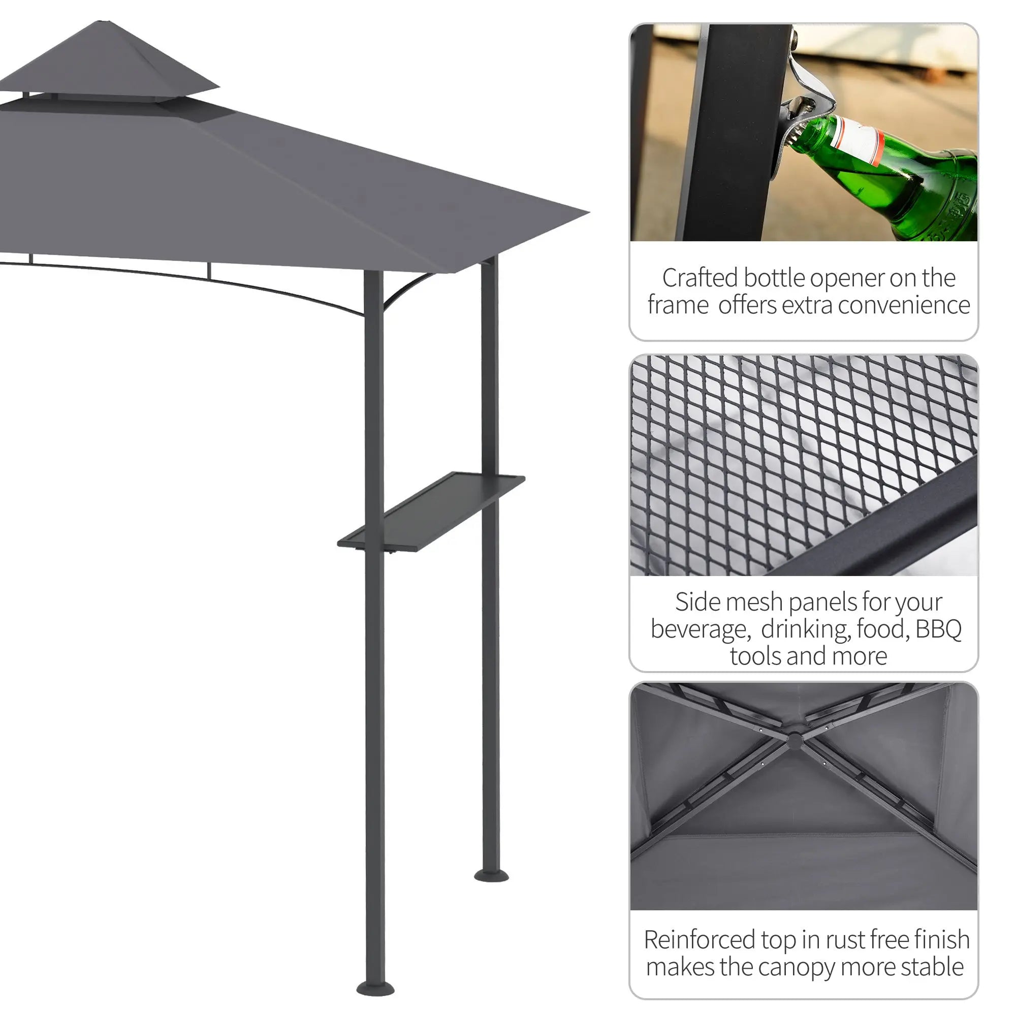 Gray metal bbq gazebo with two-tiered roof, mesh panels, and built-in bottle opener for patio grilling fun
