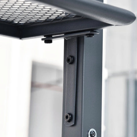 Black metal mesh shelf supported by matte steel frame with screws in grey outsunny bbq gazebo with bottle opener