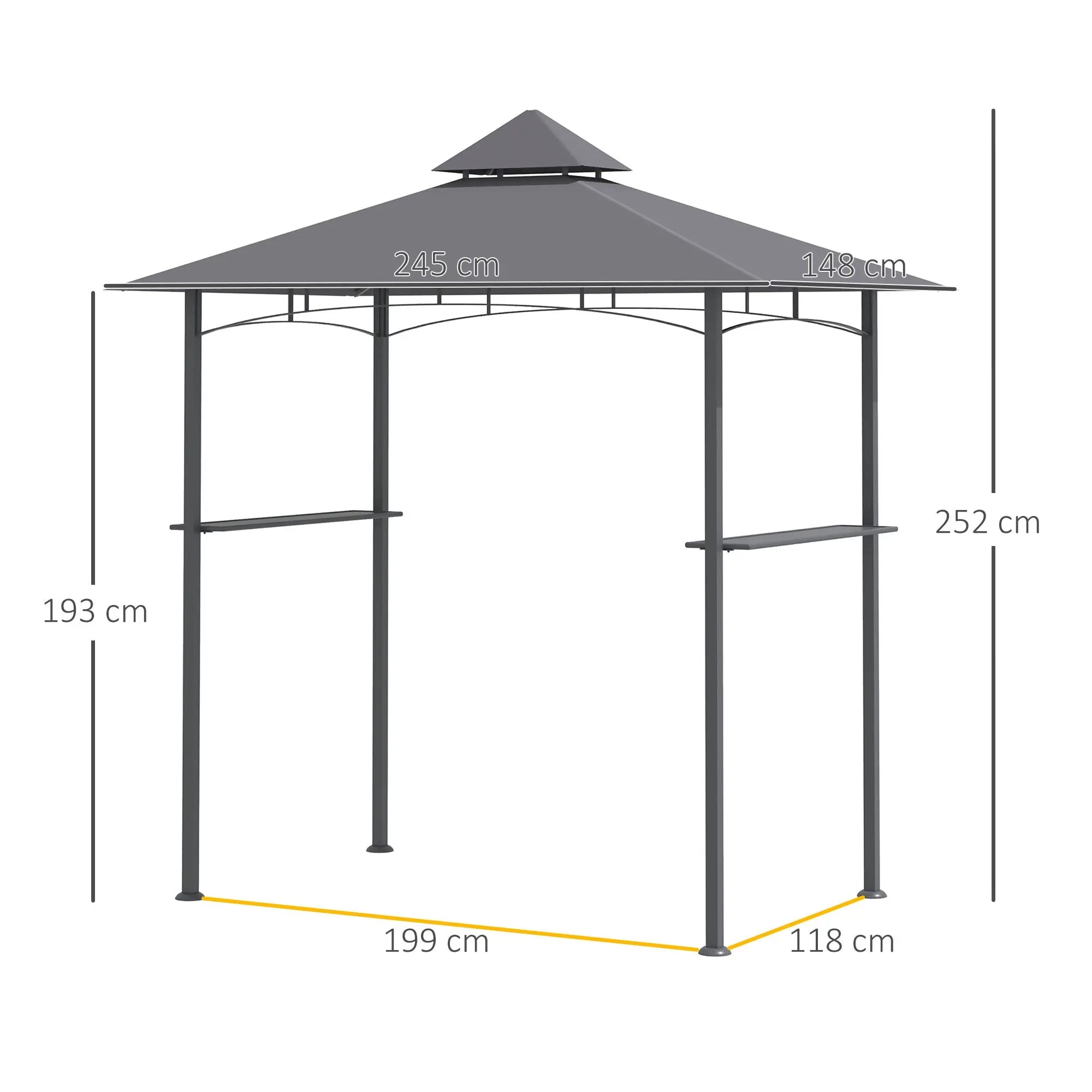 Gray metal bbq gazebo with two-tiered roof and side shelves including bottle opener for patio deck cover