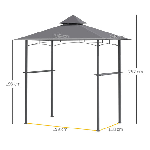 Gray metal bbq gazebo with two-tiered roof and side shelves including bottle opener for patio deck cover