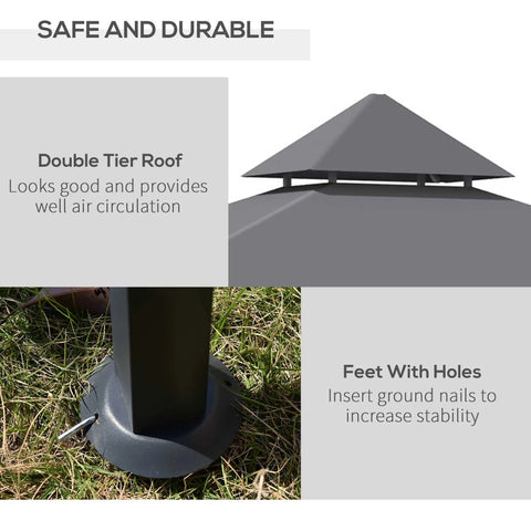 Gray metal bbq gazebo with double tier roof and stable feet perfect for patio deck and includes bottle opener