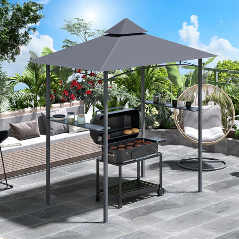 Gray metal outsunny bbq gazebo with two-tiered canopy and side shelves featuring bottle opener for outdoor grilling