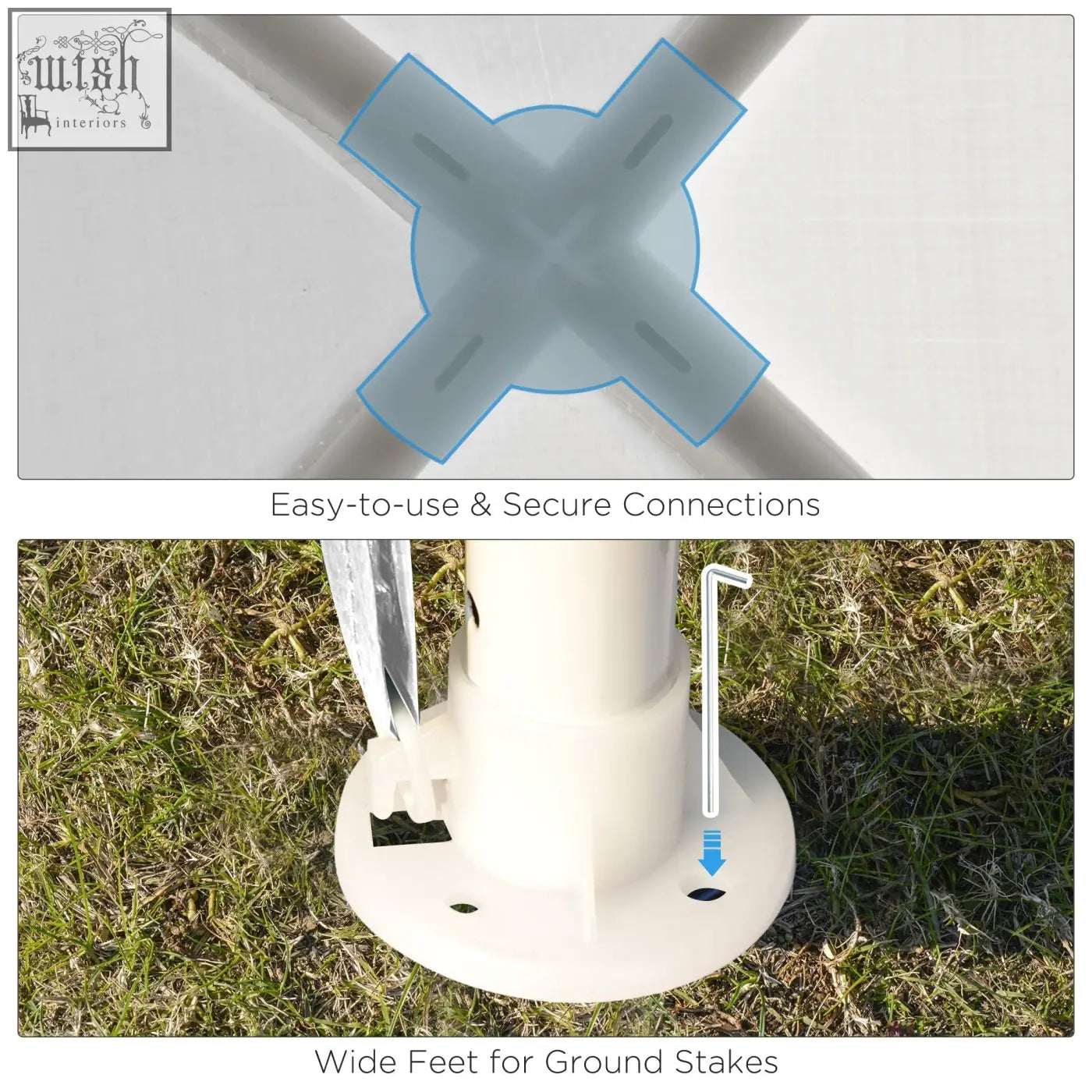 White plastic pole base with wide feet and l shaped tool for steel frame ground stakes in outsunny garden gazebo