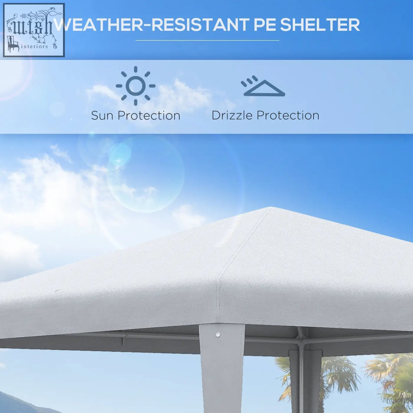 White outsunny 2.7m x 2.7m garden gazebo with steel frame, guy ropes, and ground stakes for sun and drizzle protection