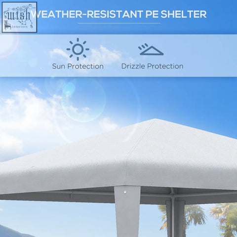 White outsunny 2.7m x 2.7m garden gazebo with steel frame, guy ropes, and ground stakes for sun and drizzle protection