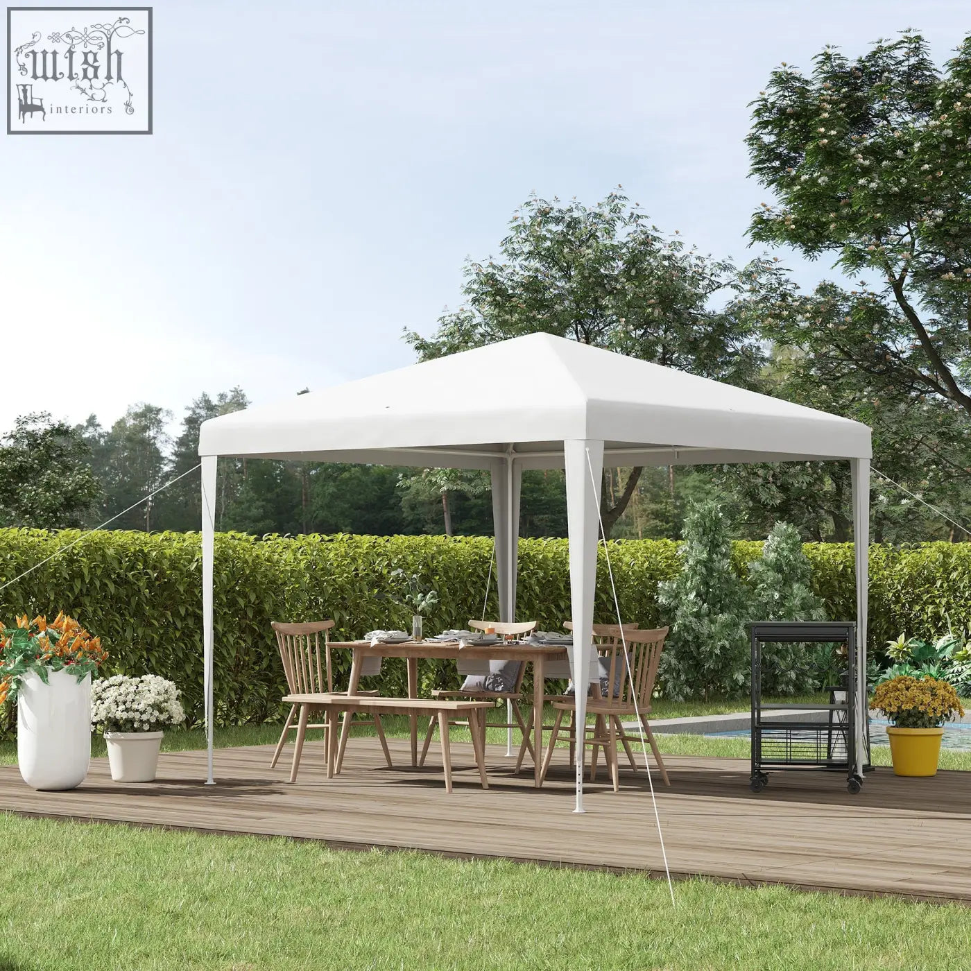 White outsunny pop-up gazebo with steel frame, guy ropes, and ground stakes for garden parties and weddings